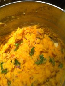 Half and Half Mashed Sweet Potatoes just after the Cilatro has been added. 