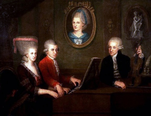 Circa 1780: Family portrait: Maria Anna ("Nannerl") Mozart, her brother Wolfgang, their mother Anna Maria (medallion) and father, Leopold Mozart, by artist: Johann Nepomuk della Croce [Image courtesy: Wikimedia Commons]
